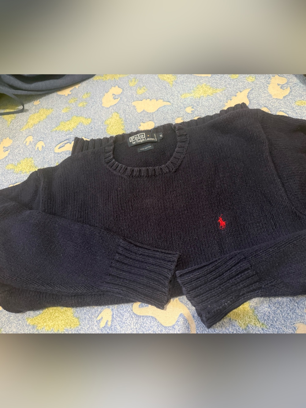 Y2K dark blue Ralph Lauren Navy Crewneck Sweater with Red Pony Embroidery